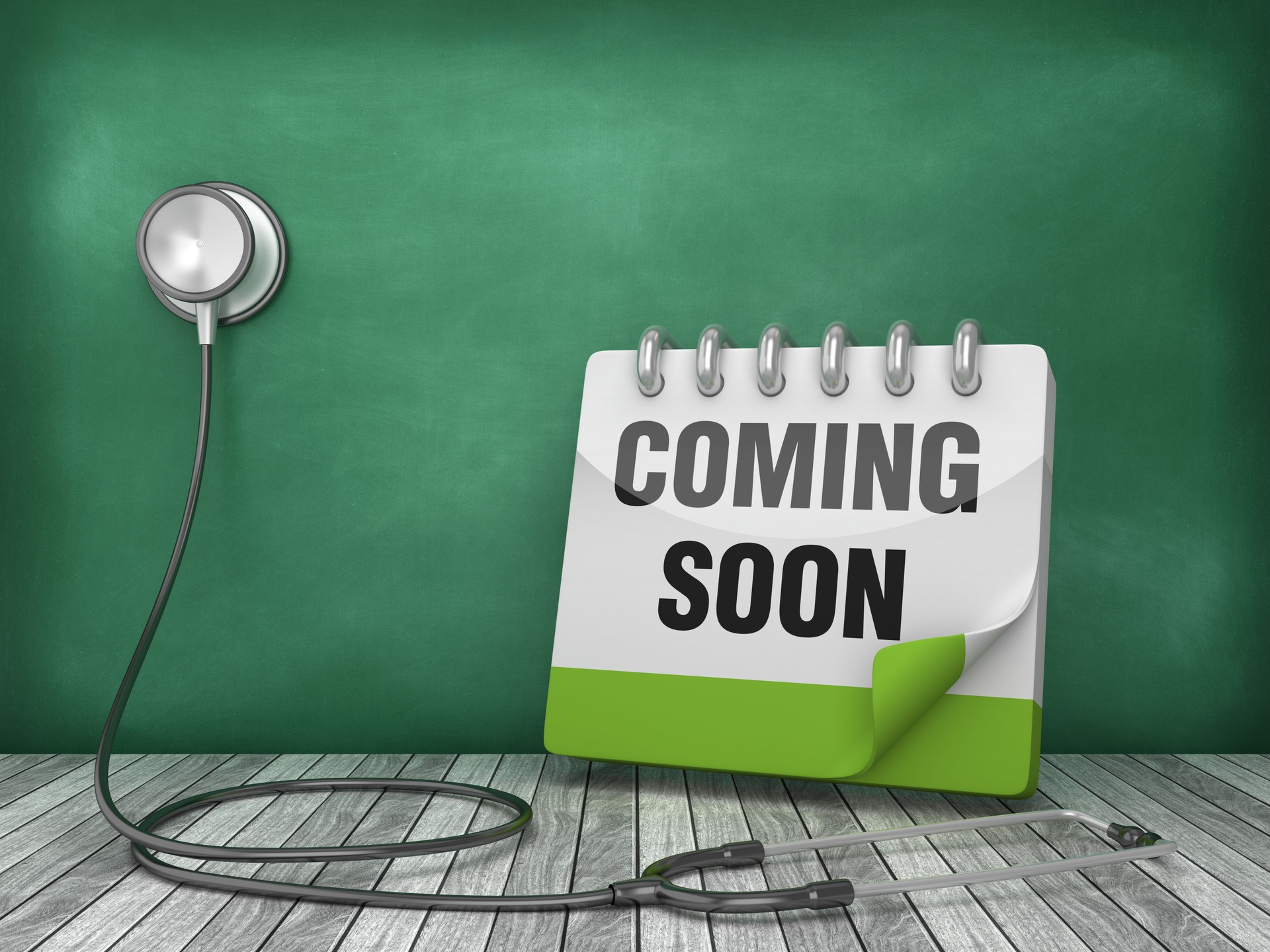 Stethoscope with Coming Soon on Chalkboard Background - 3D Rendering
